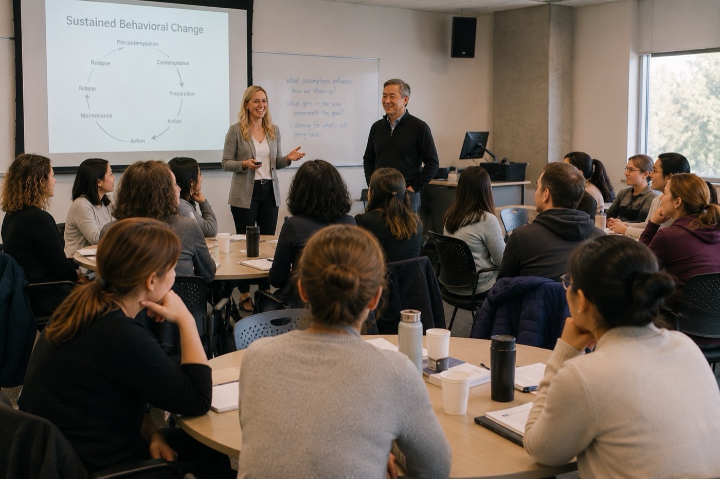 Healthcare professionals attending a course on sustained behaviour change.