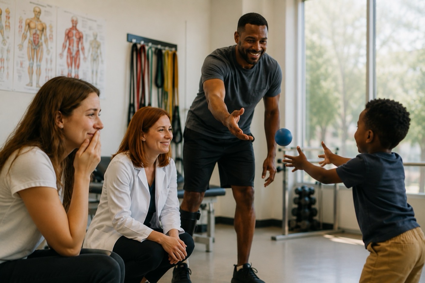 Occupational therapist watches as a father throws a ball with his child during a rehabilitation session.