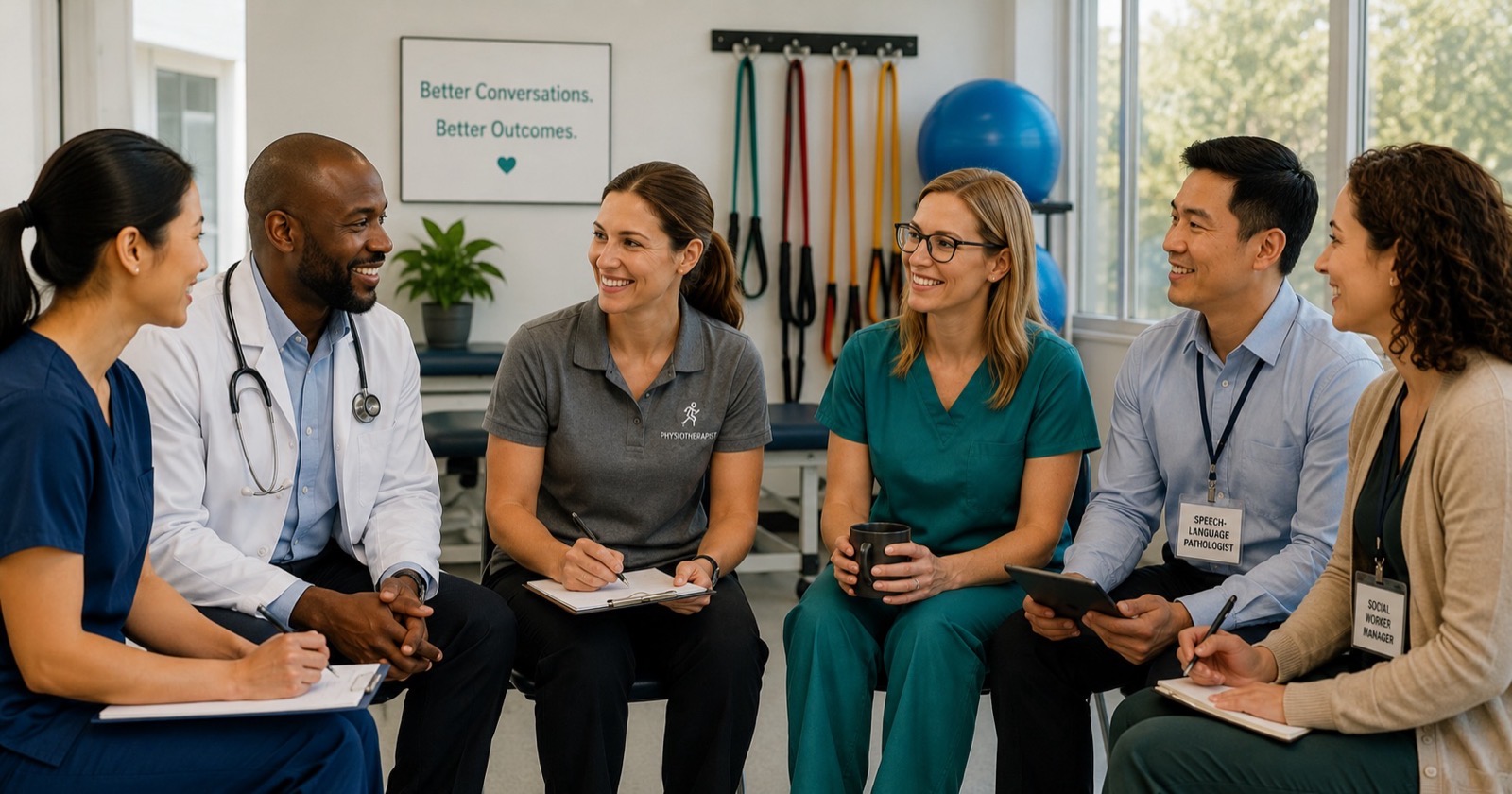 Diverse group of healthcare professionals seated together in conversation.