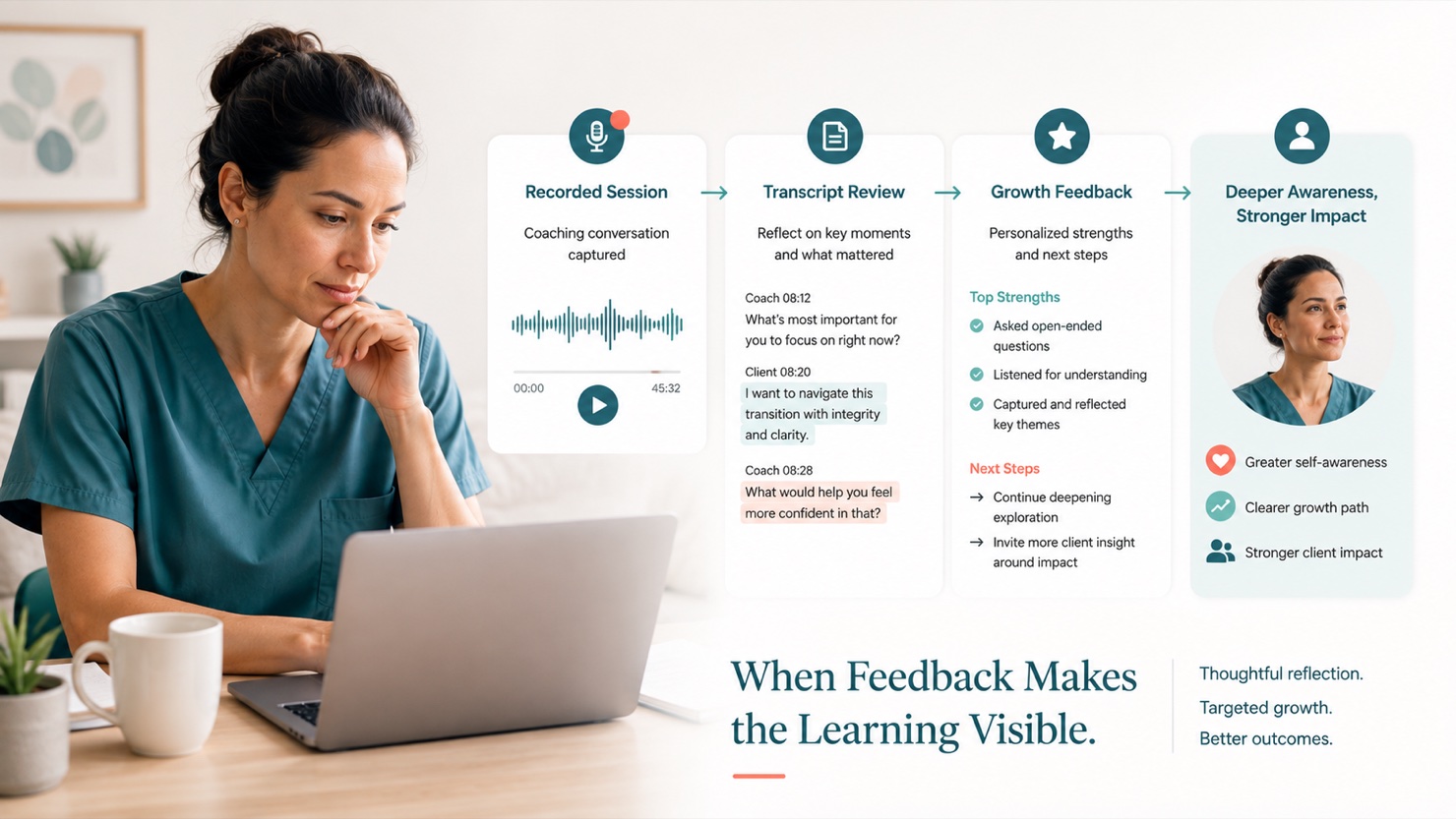Healthcare professional reviewing a recorded coaching session through a four-part visual sequence: recorded session, transcript review, individualized Growth Feedback, and deeper awareness with stronger client impact.
