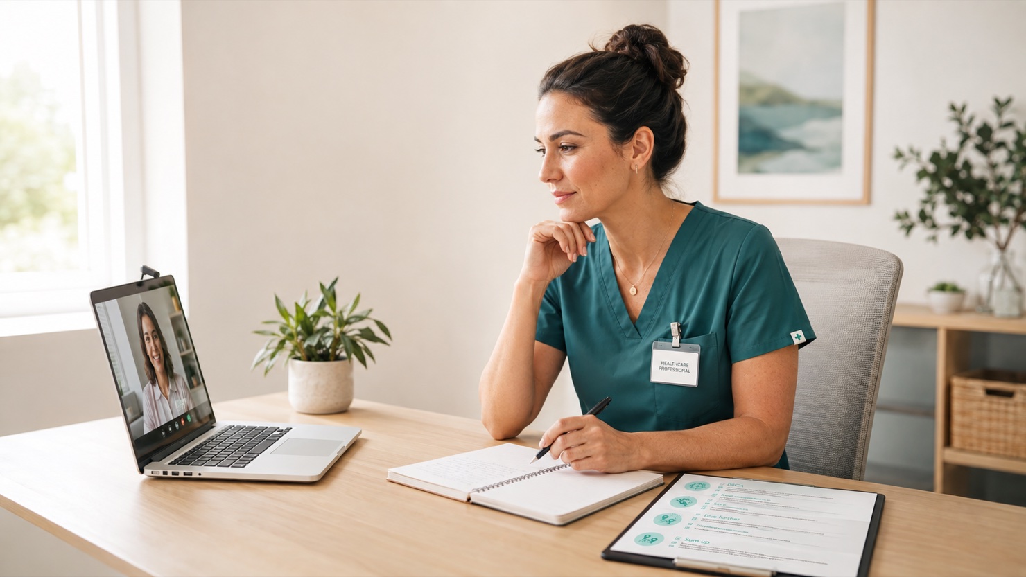 Healthcare professional in teal scrubs preparing for a virtual coaching session with a real client visible on the laptop. A notebook and Dive Into a Coach Approach® framework sheet are open on the uncluttered desk.