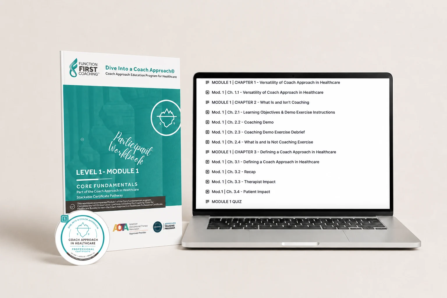 Module 1 participant workbook beside a laptop displaying the Dip Your Toe online learning modules, with the Level 1 certificate badge shown in front.