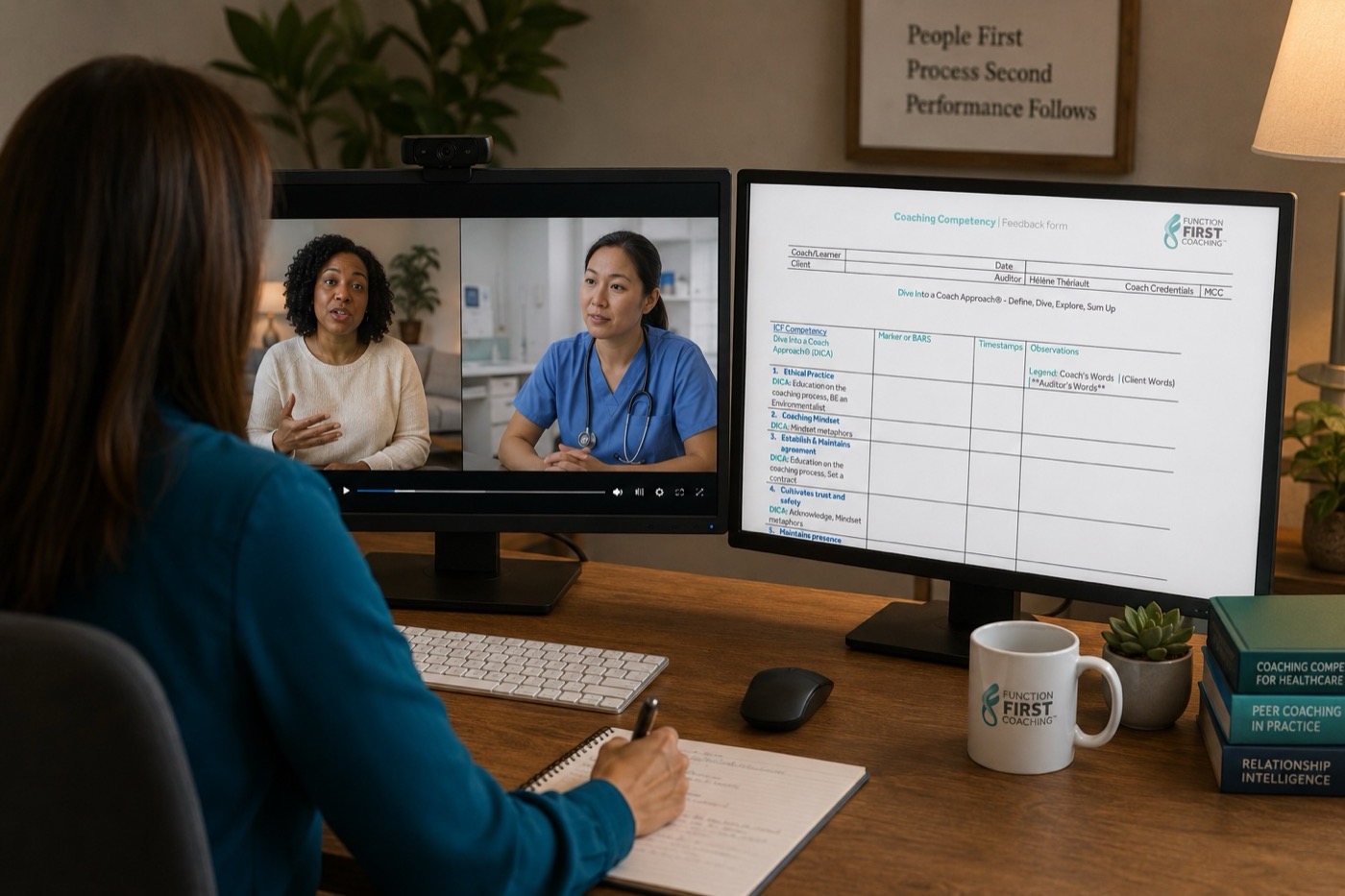 Healthcare professional reviewing a recorded coaching conversation alongside an individualized Growth Feedback form.