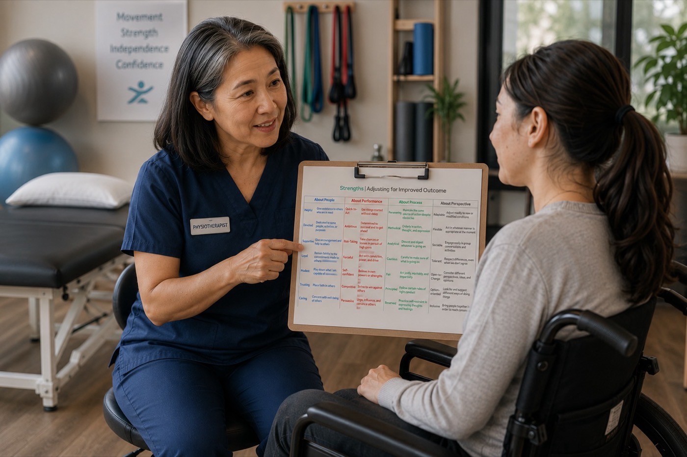 Physiotherapist discussing a personalized strengths profile with a client.